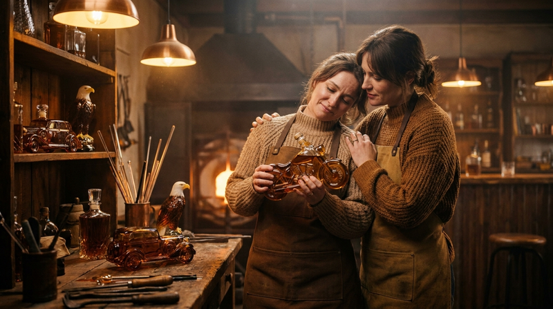 Two sisters embracing by the furnace holding a hand-blown decanter