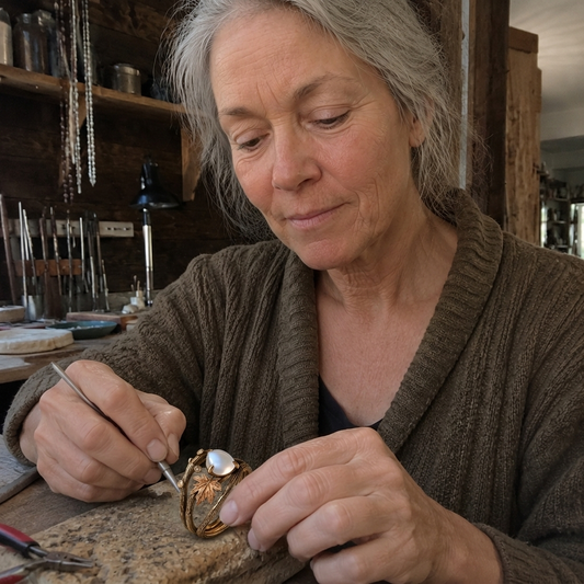 Founder handcrafting the moonstone ring at her workbench