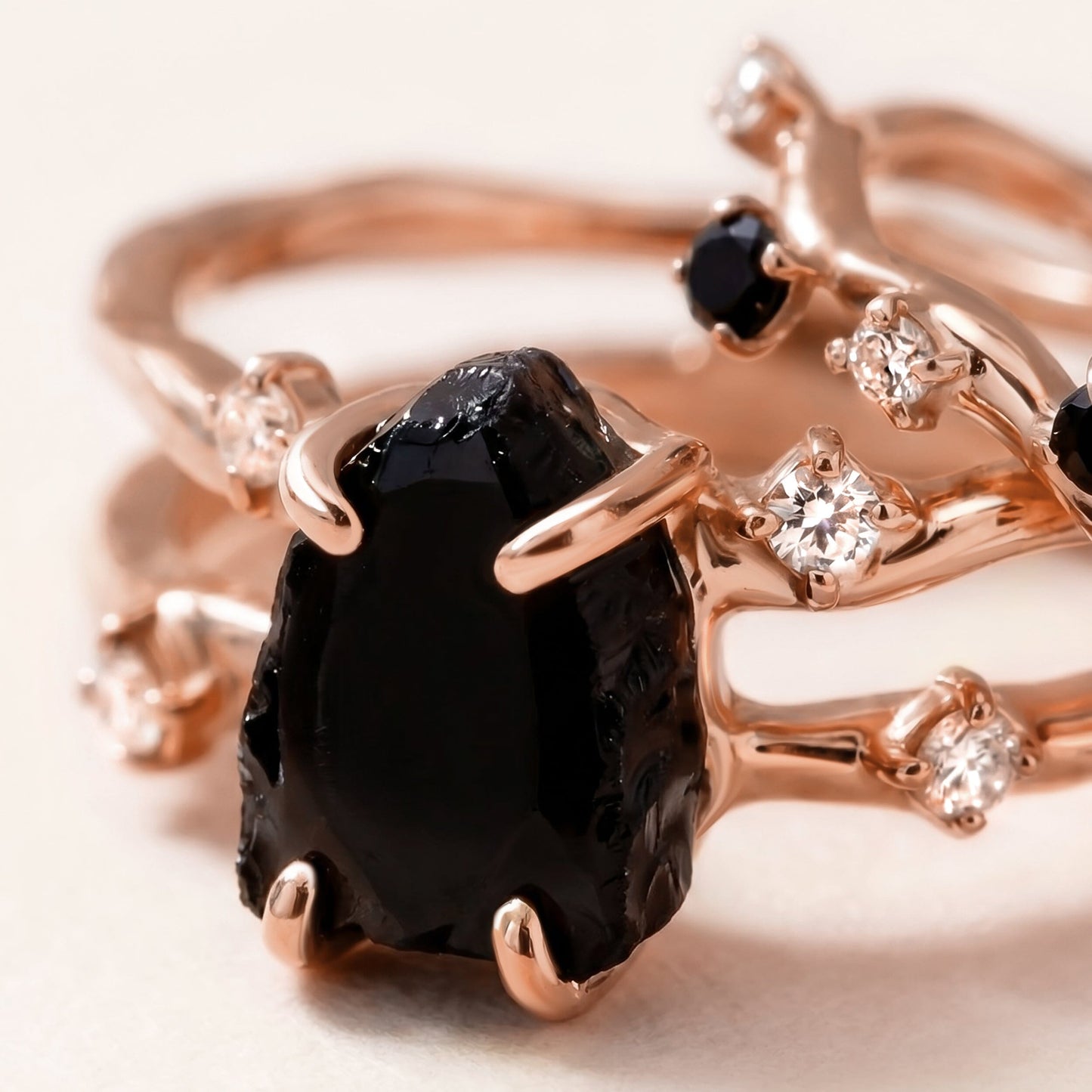 Black Obsidian Flow Stardust Rings - rose gold macro