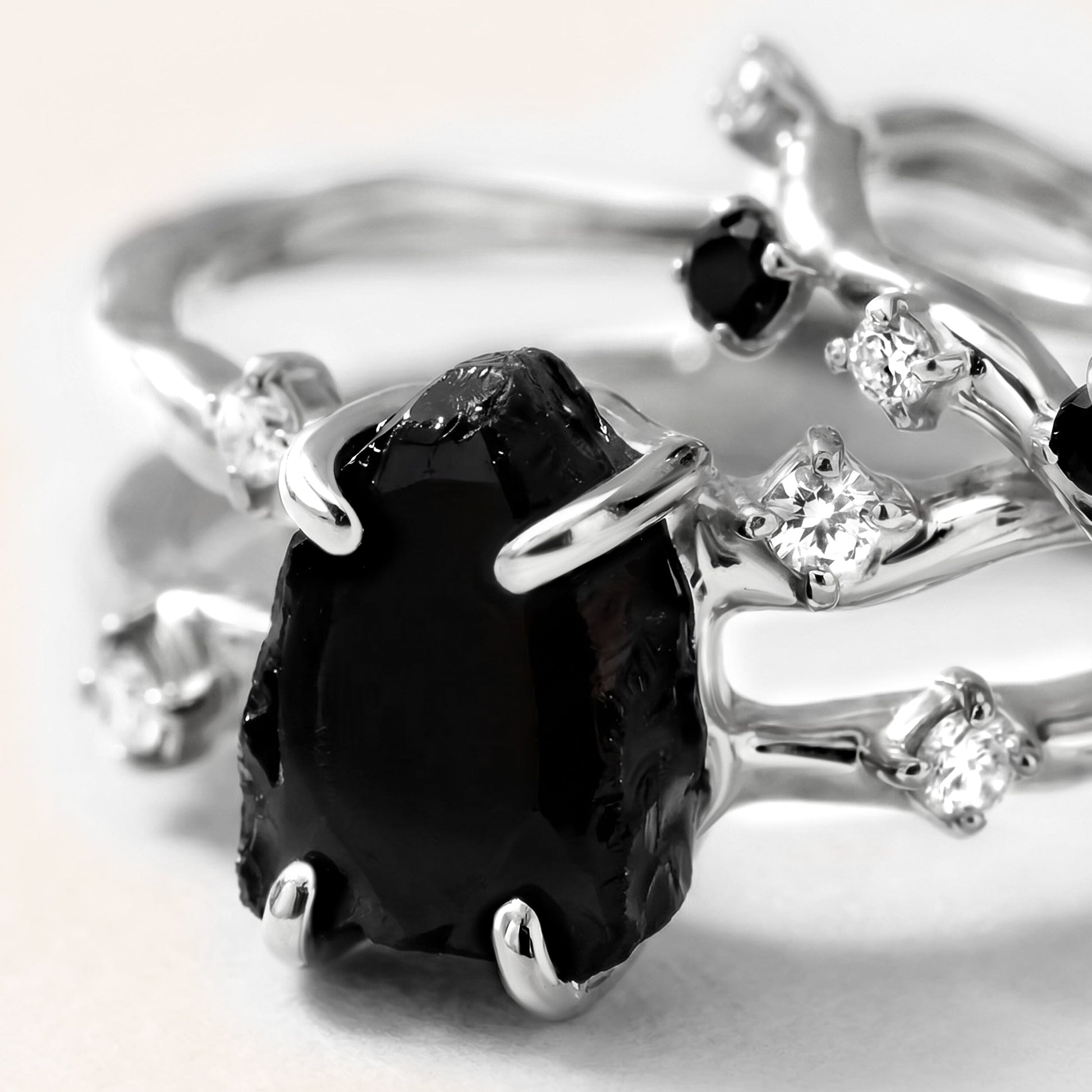 Black Obsidian Flow Stardust Infinite Rings silver macro