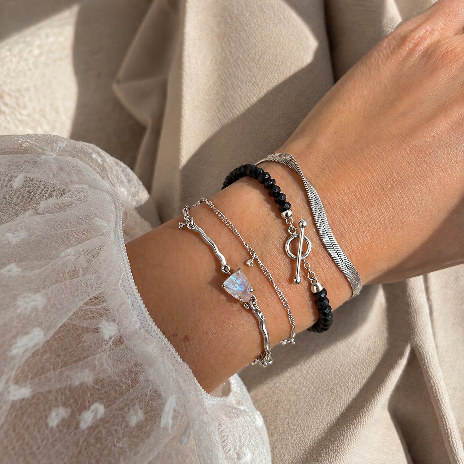 Moonstone Bracelet - Flow - sterling silver stacked