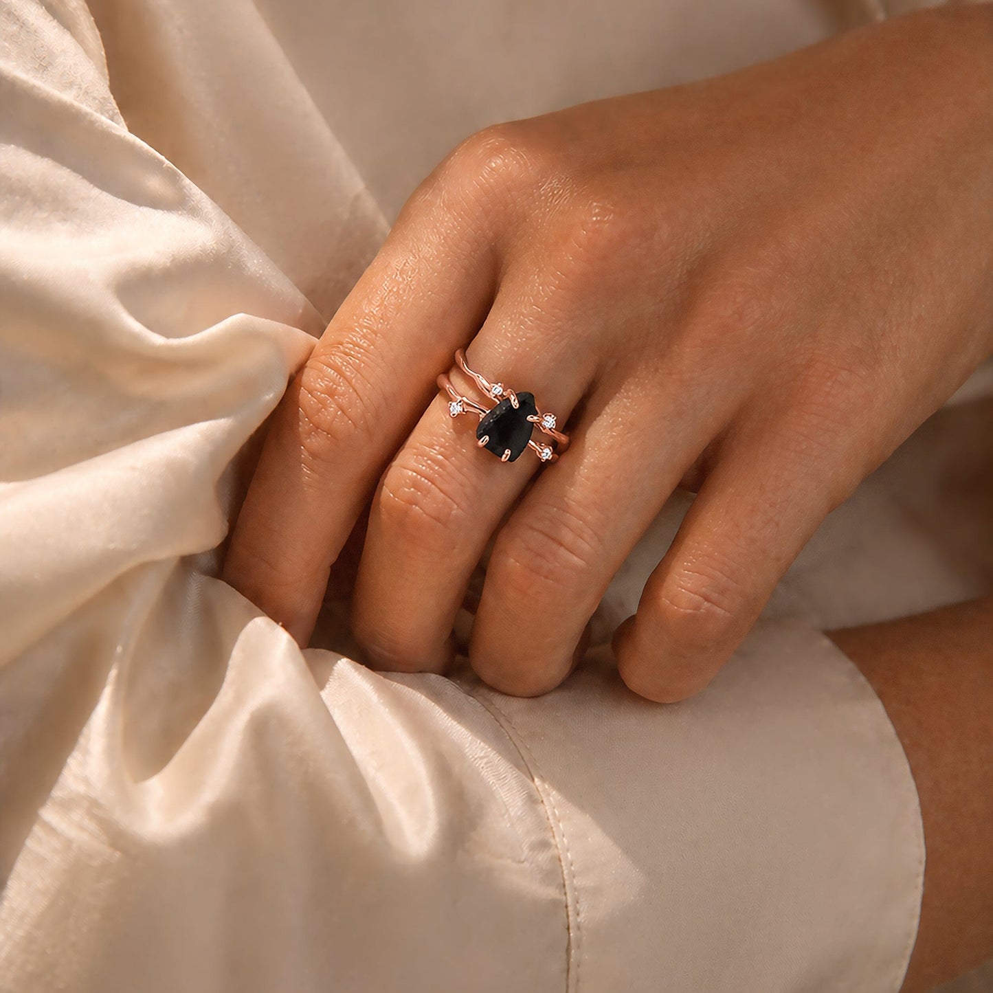 Black Obsidian Ring - Flow - rose gold vermeil on hand
