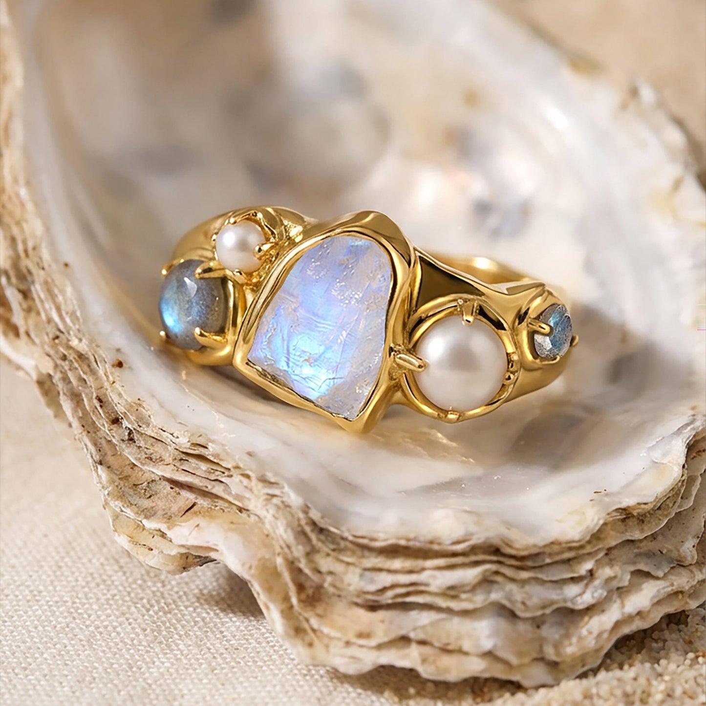 Moonstone Heirloom & Magma & Waves Rings - lifestyle 2 YG
