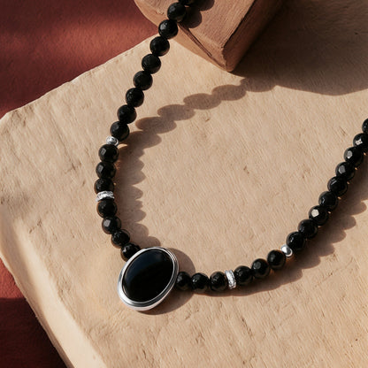 Black Onyx & Black Obsidian Divina Necklace - detail silver