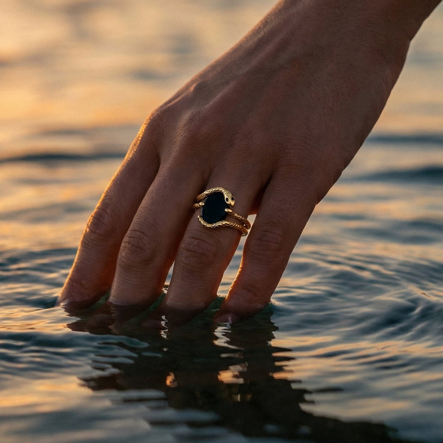 Black Onyx Serpent & Twinkling & Waves Rings - lifestyle water