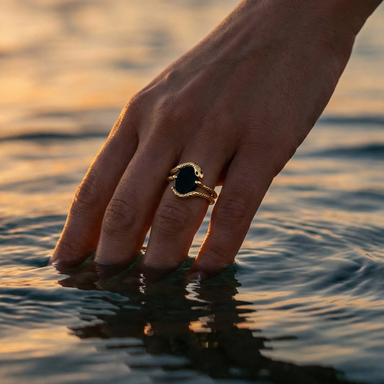 Black Onyx Serpent & Twinkling & Waves Rings - lifestyle water