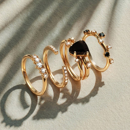 Black Obsidian Flow Stardust Rings - yellow gold alt worn