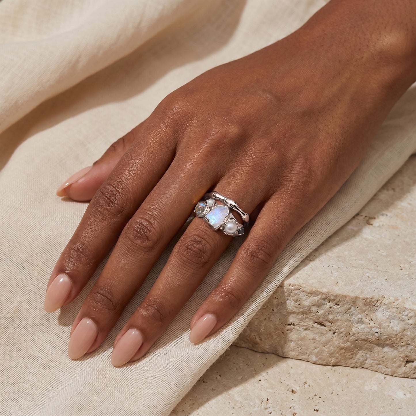 Moonstone Heirloom & Magma Rings - lifestyle SIL