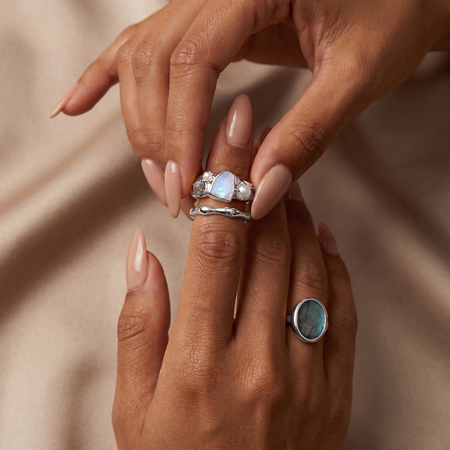 Moonstone Heirloom & Magma Rings - lifestyle 3 SIL