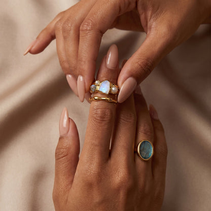 Moonstone Heirloom & Magma Rings - lifestyle 3 YG