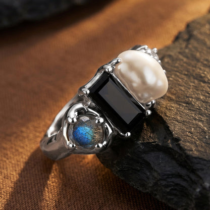 Black Obsidian Pearl Ring - Treasure - sterling silver worn close-up