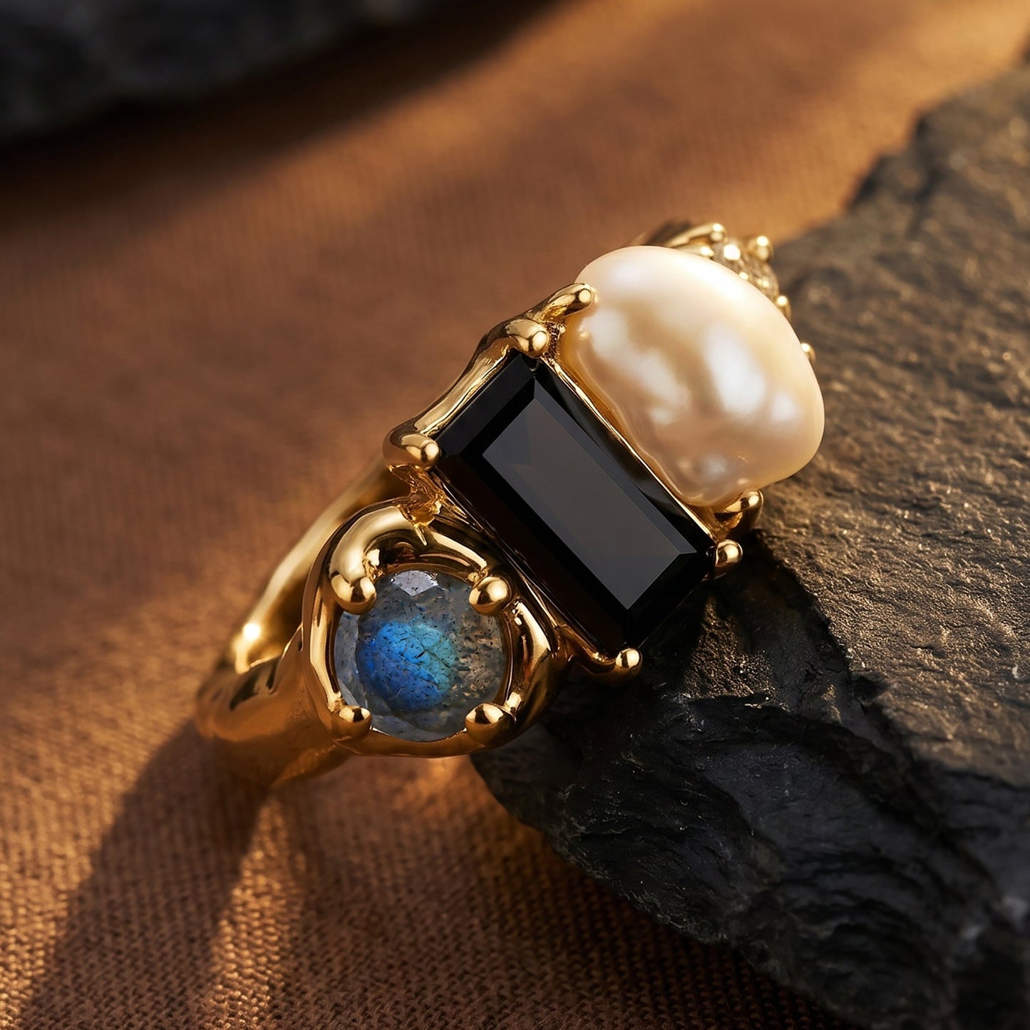 Black Obsidian Pearl Ring - Treasure - yellow gold worn close-up