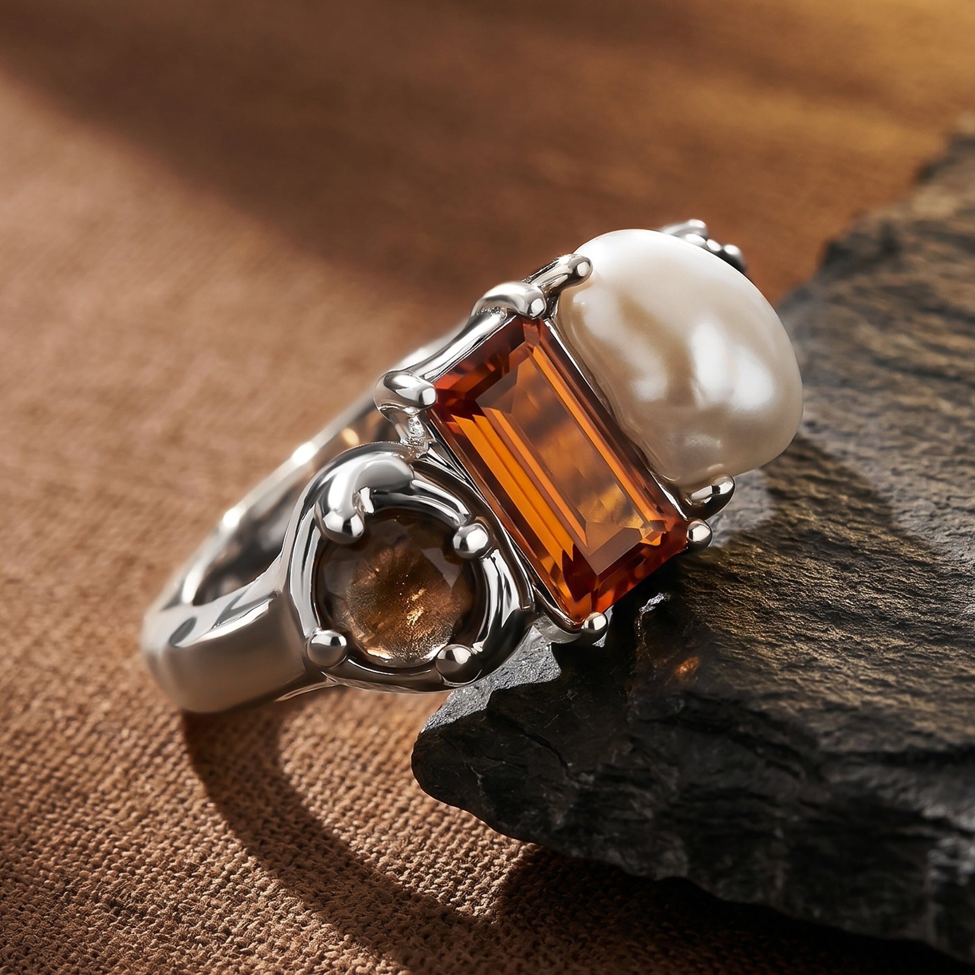 Citrine Pearl Ring Treasure - silver angle