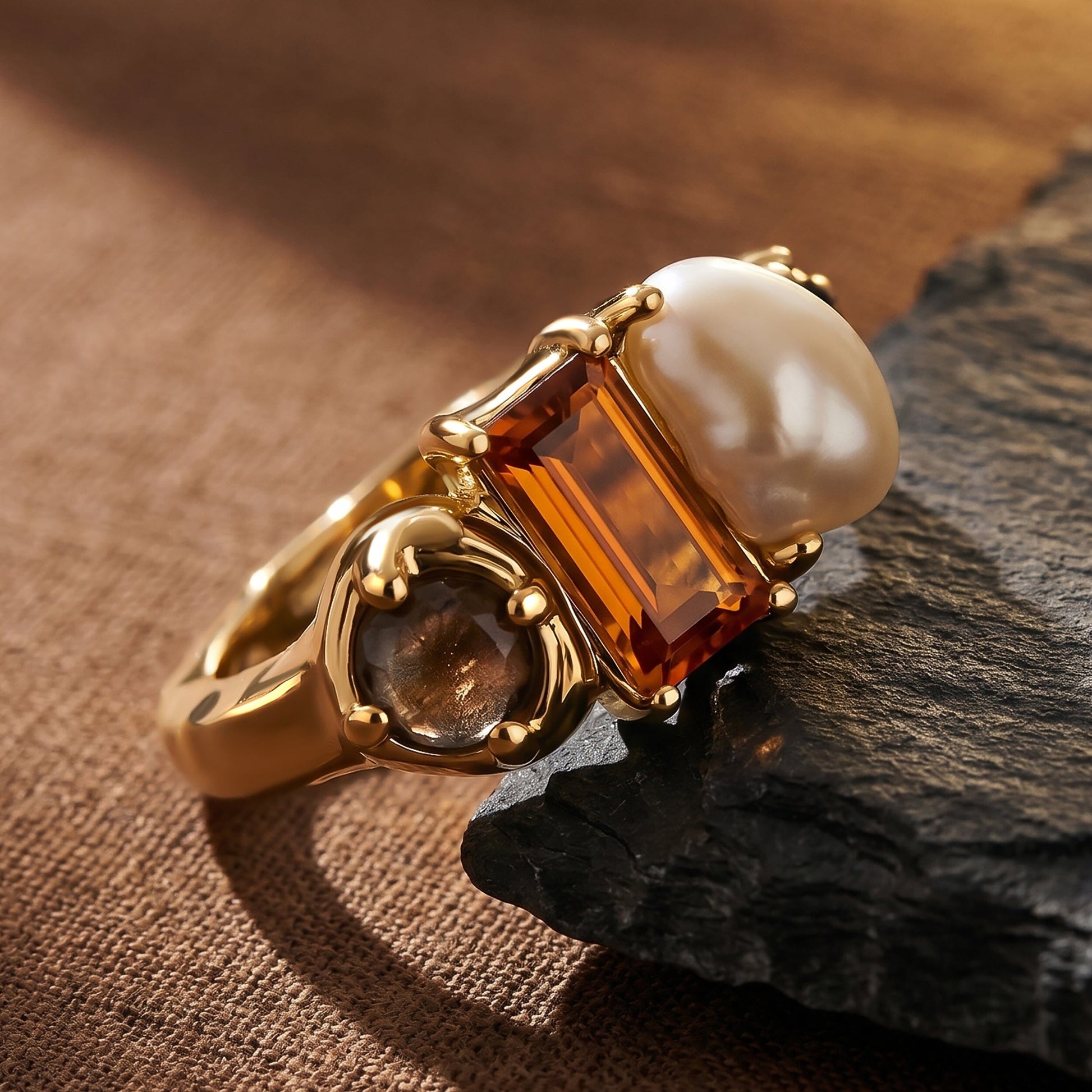 Citrine Pearl Ring Treasure - yellow gold angle