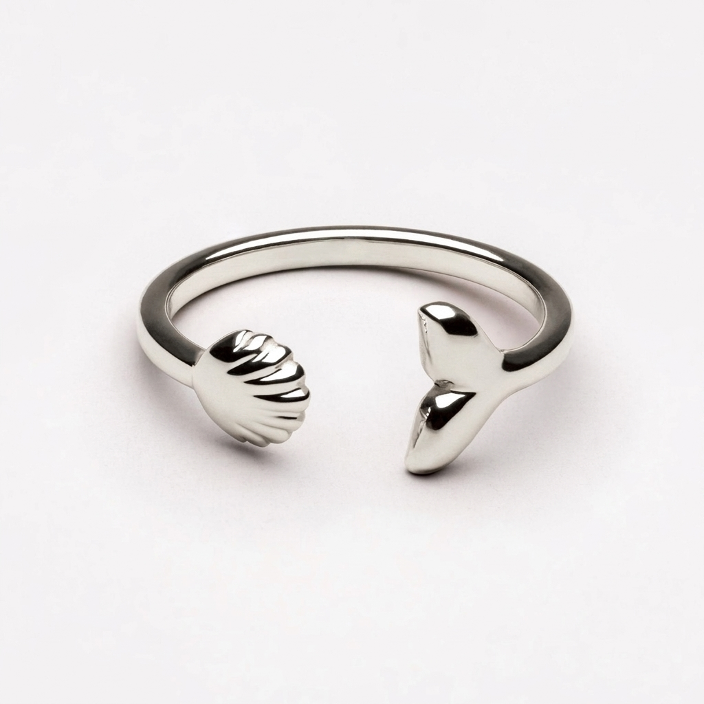 Island Ring - silver whale tail and shell