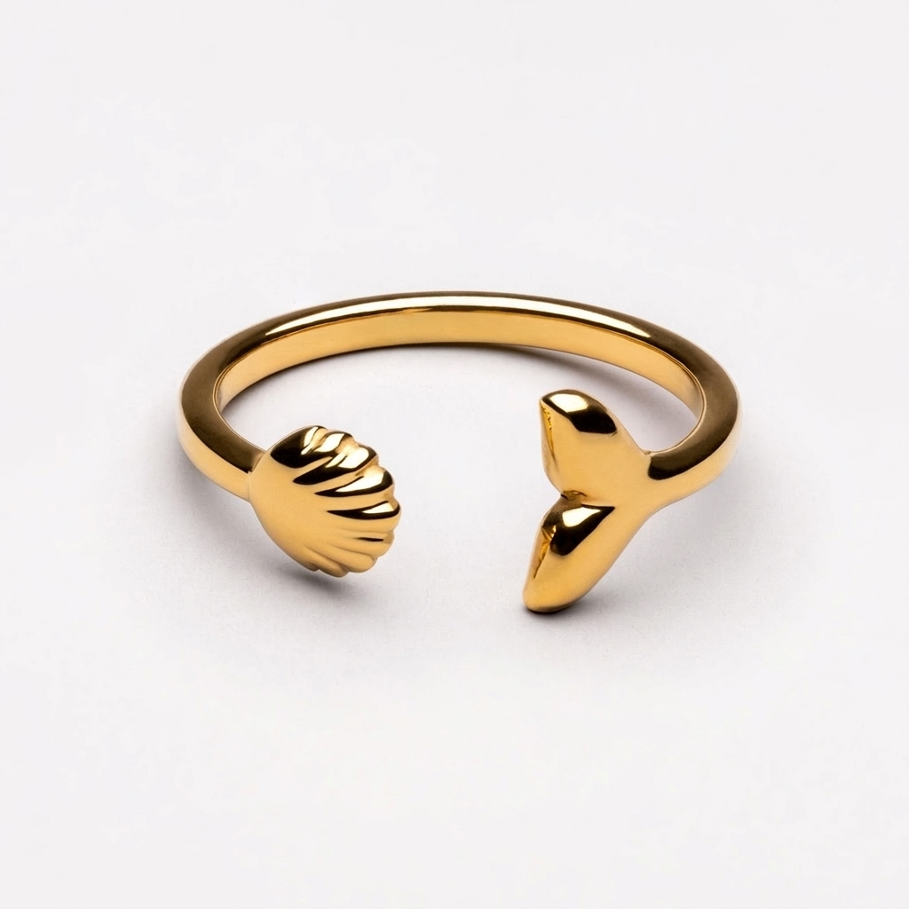Island Ring - gold whale tail and shell
