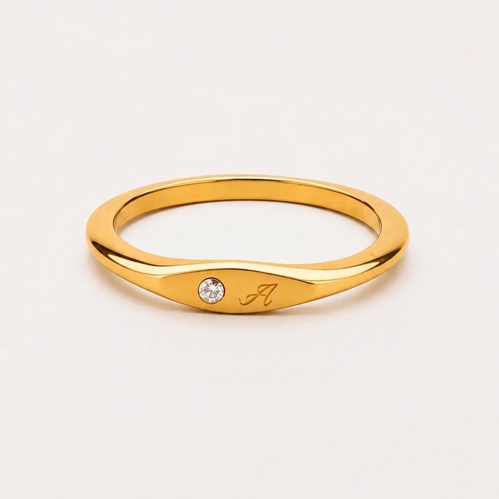 One-Initial Crystal Ring - gold ring with initial and crystal