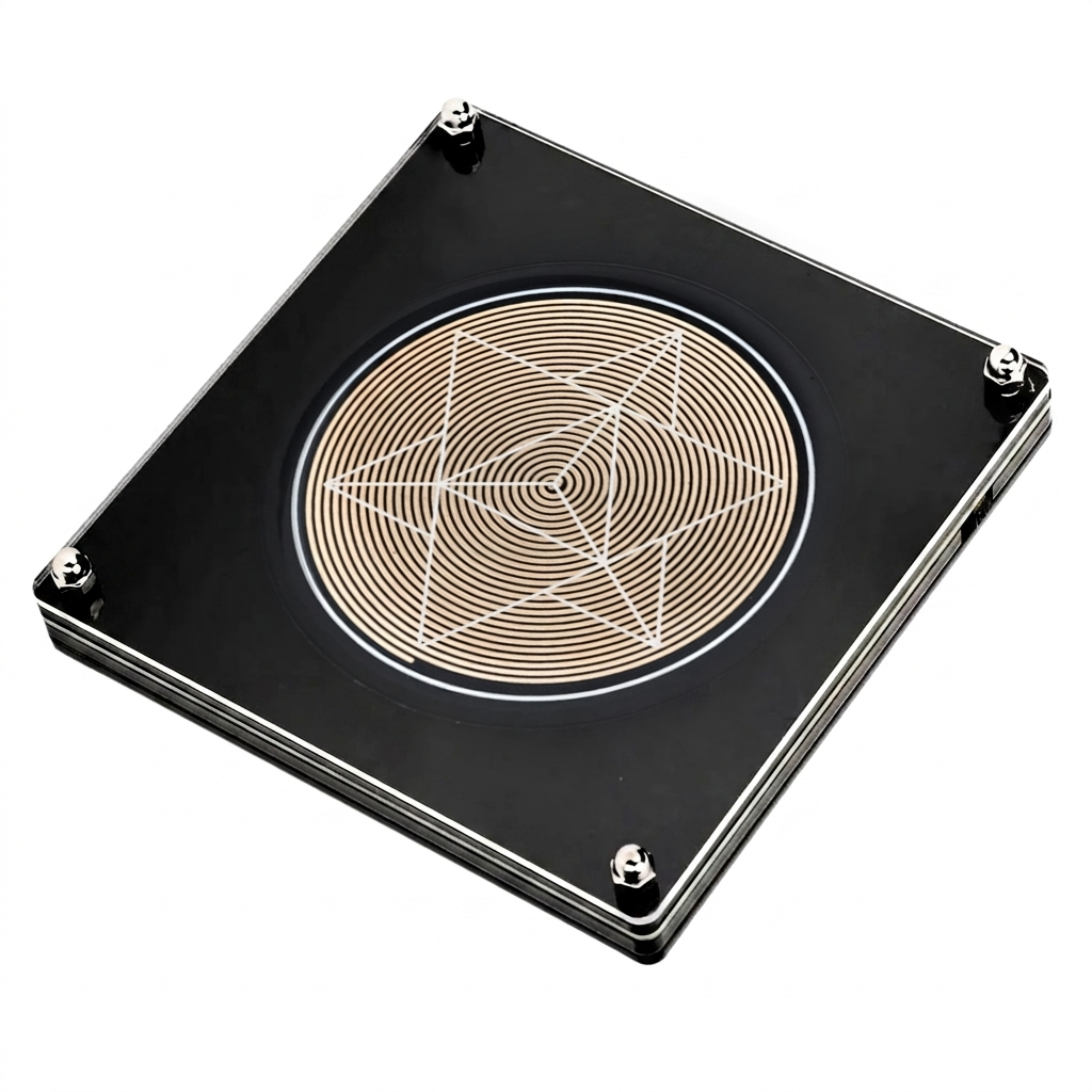 639Hz Frequency Generator, black plate with copper Merkaba coil