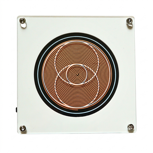 1111Hz Frequency Generator, white plate with copper spiral coil