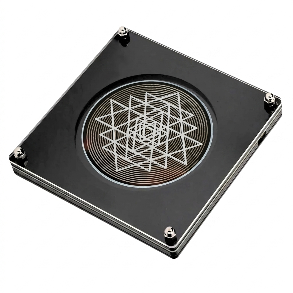 528Hz Frequency Generator, black plate with copper Sri Yantra coil