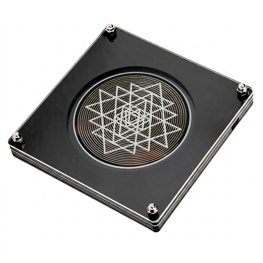 528Hz Frequency Generator, black plate with copper Sri Yantra coil