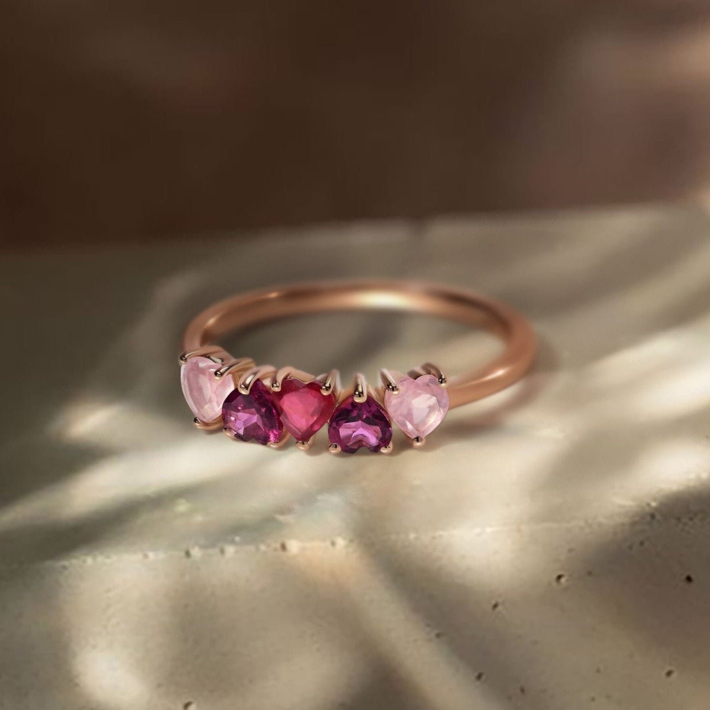 Rose Quartz Rhodolite Ring - Crush, rose gold detail