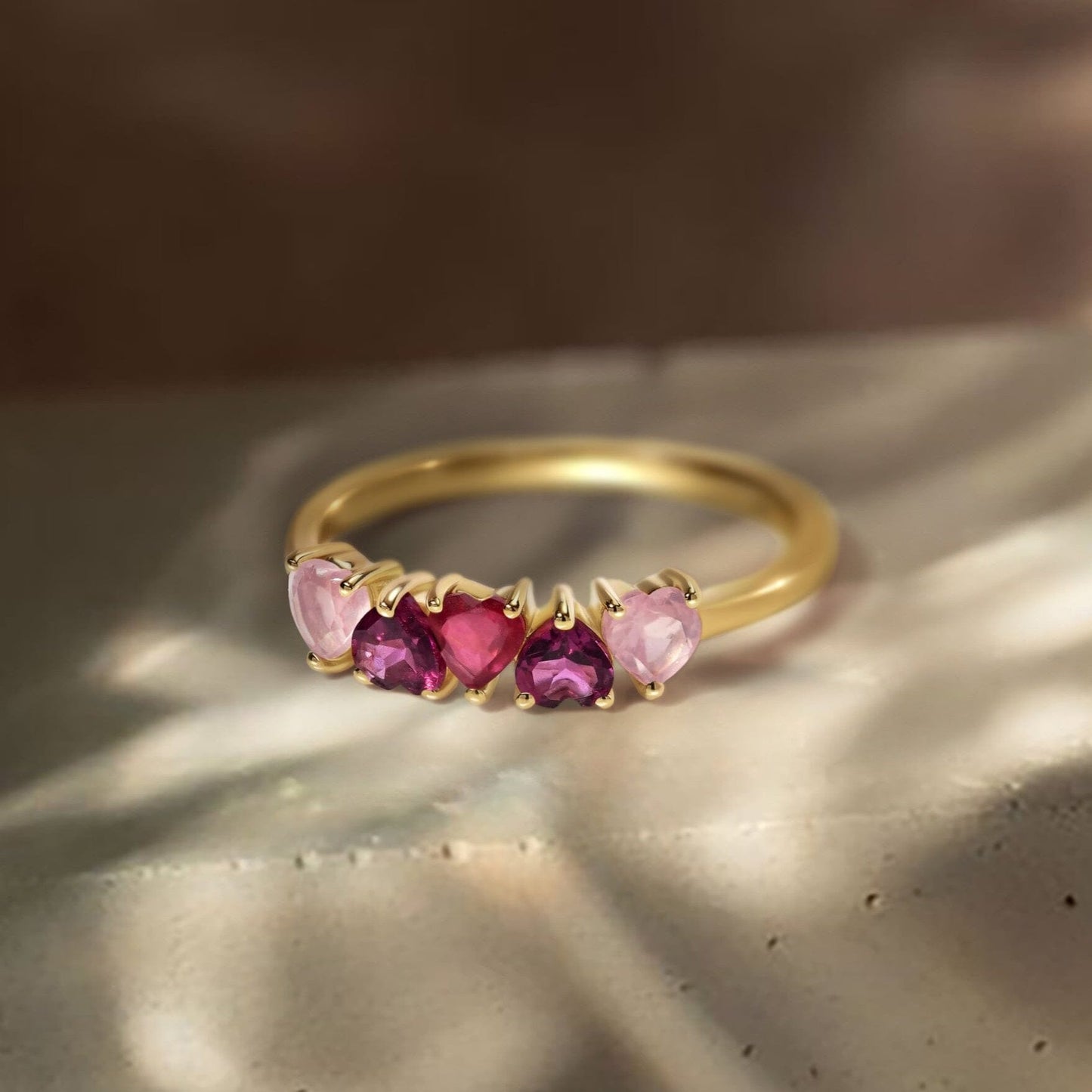 Rose Quartz Rhodolite Ring - Crush, yellow gold detail