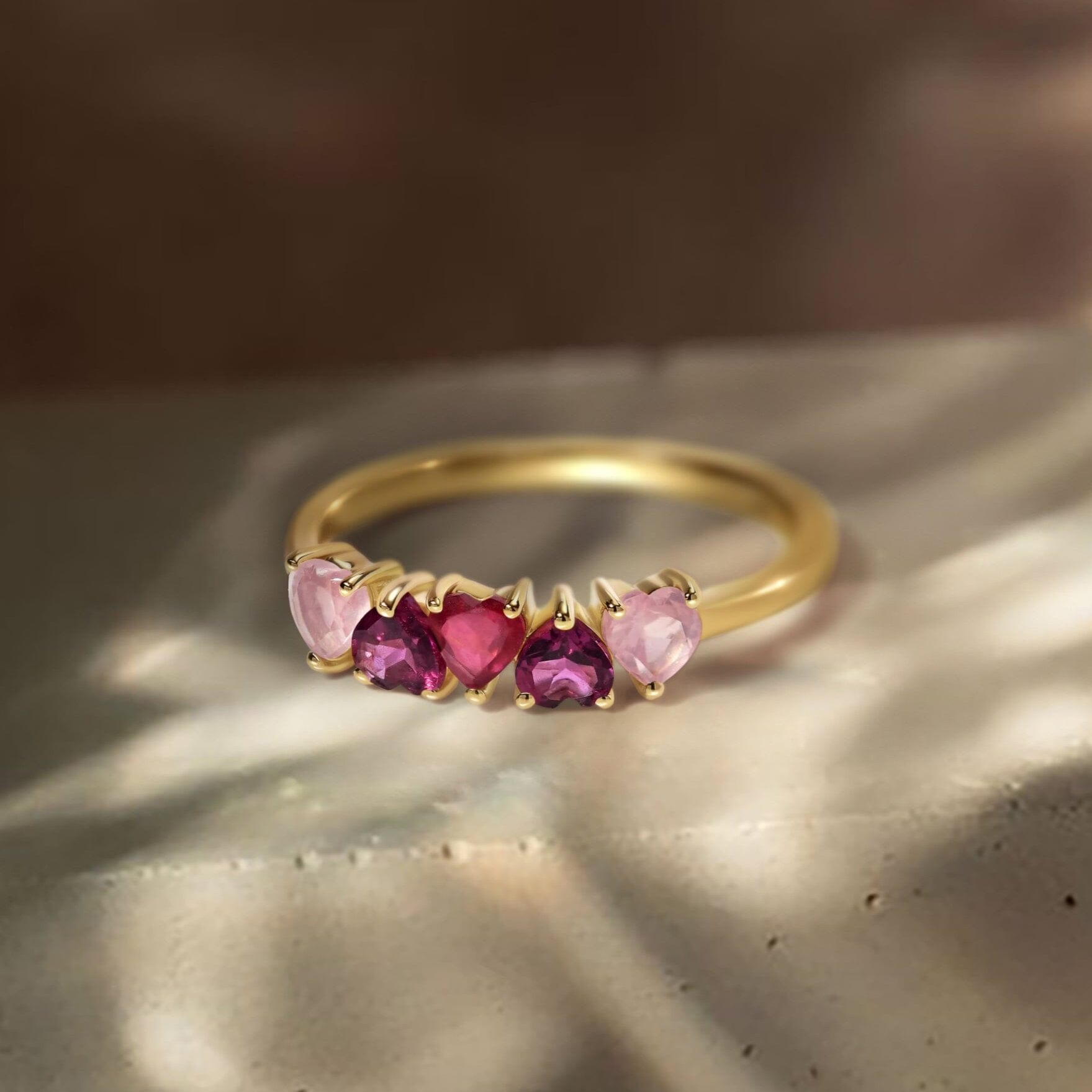 Rose Quartz Rhodolite Ring - Crush, yellow gold detail
