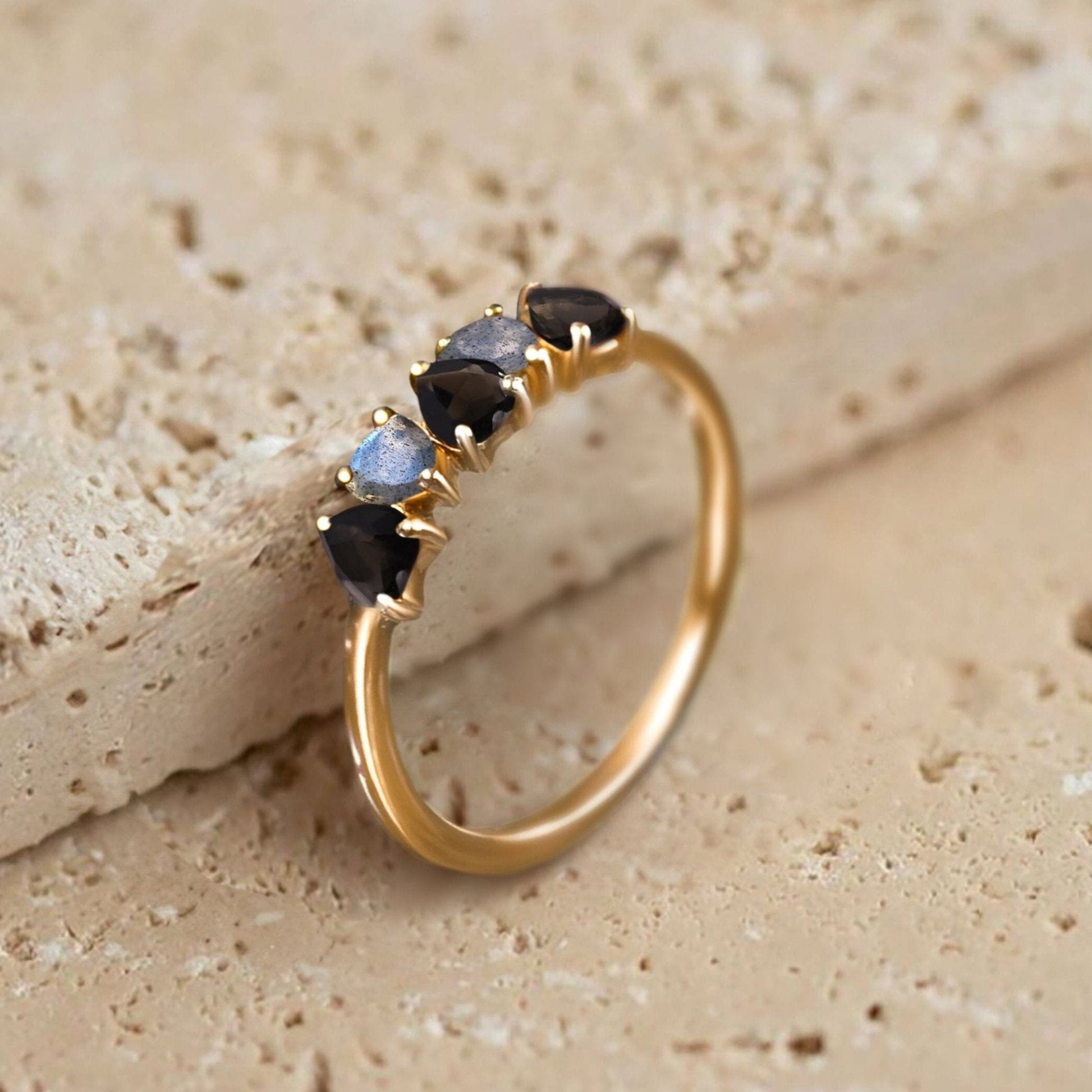 Black Obsidian Labradorite Ring - Crush - yellow gold lifestyle