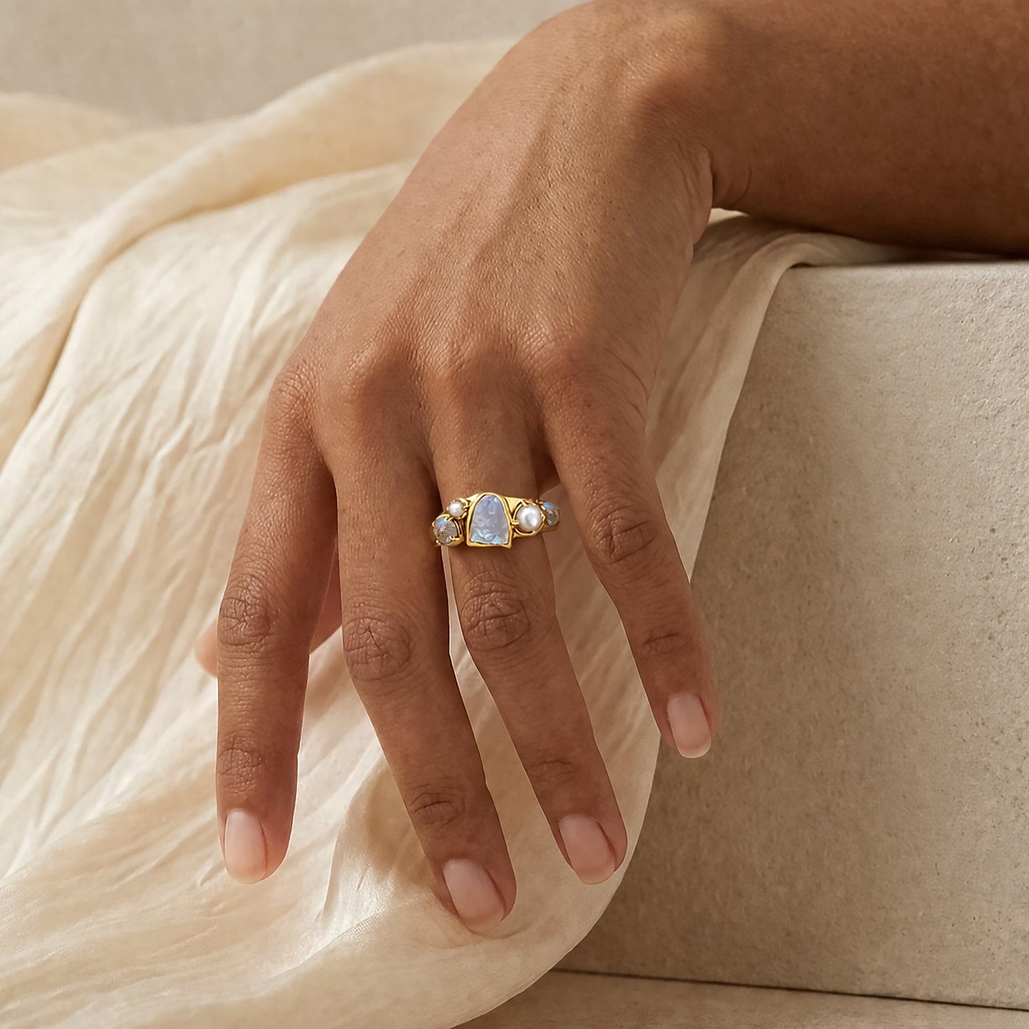 Moonstone Pearl Ring - Heirloom - mist_YG