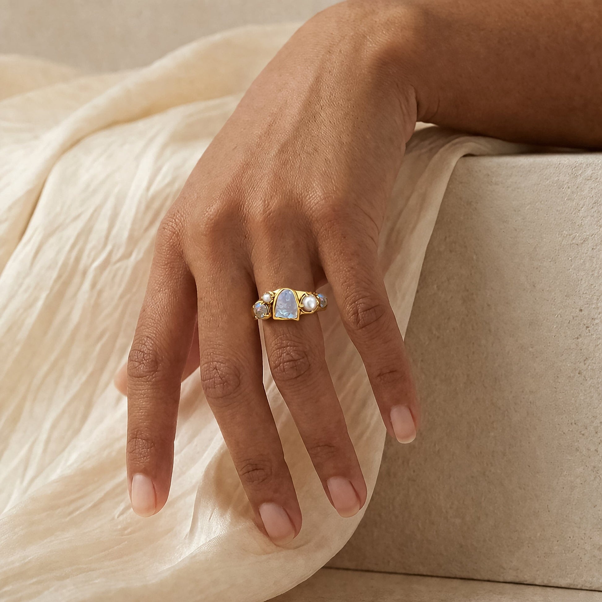 Moonstone Pearl Ring - Heirloom - mist_YG