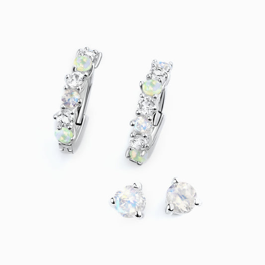 Moonstone & Opal Hoop Earring Set - High Vibes, silver