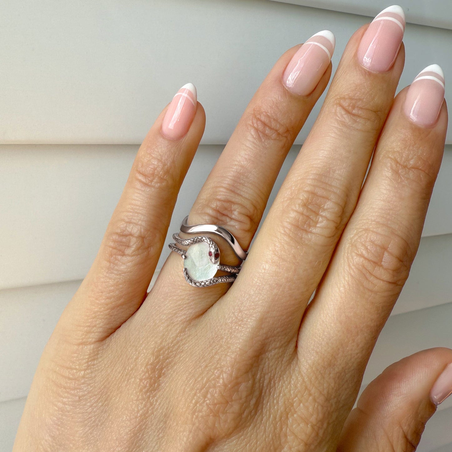 Mother of Pearl Ruby Serpent Waves Rings - silver model angle