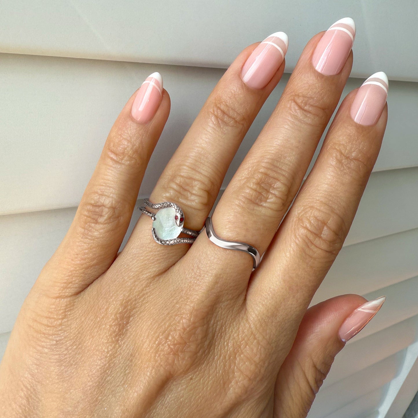 Mother of Pearl Ruby Serpent Waves Rings - silver model side