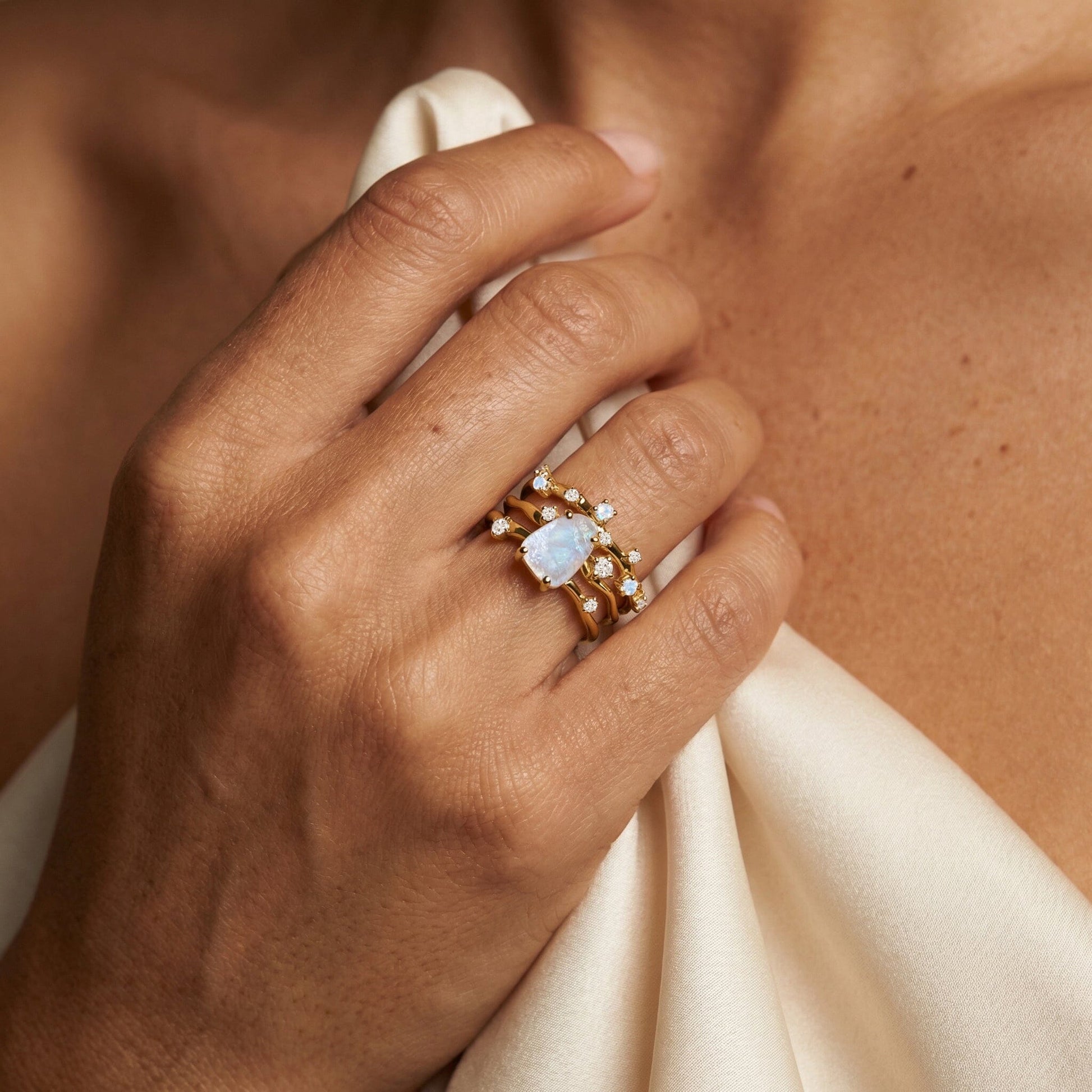 Moonstone Lab Diamond Flow Stardust Rings - yellow gold macro