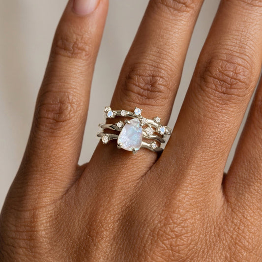 Moonstone Lab Diamond Flow Stardust Rings - sterling silver on hand