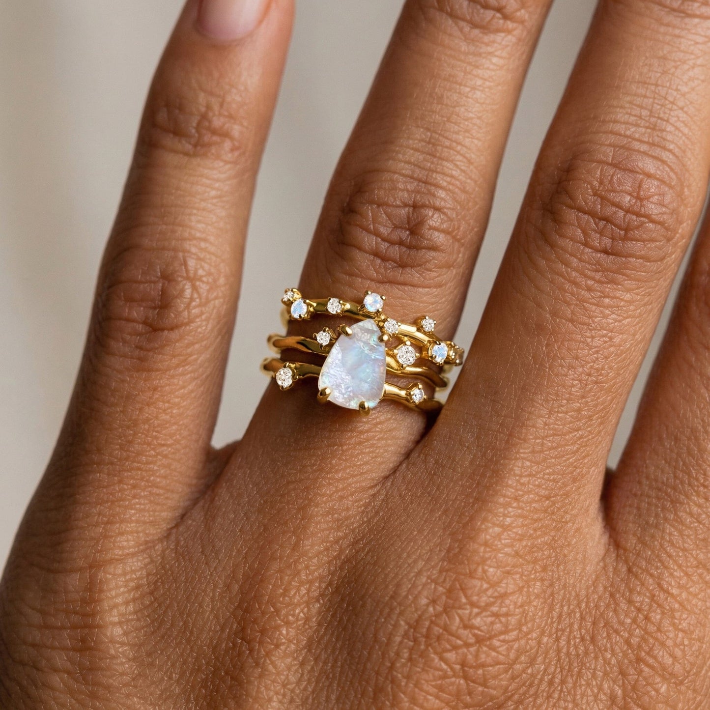 Moonstone Lab Diamond Flow Stardust Rings - yellow gold vermeil on hand