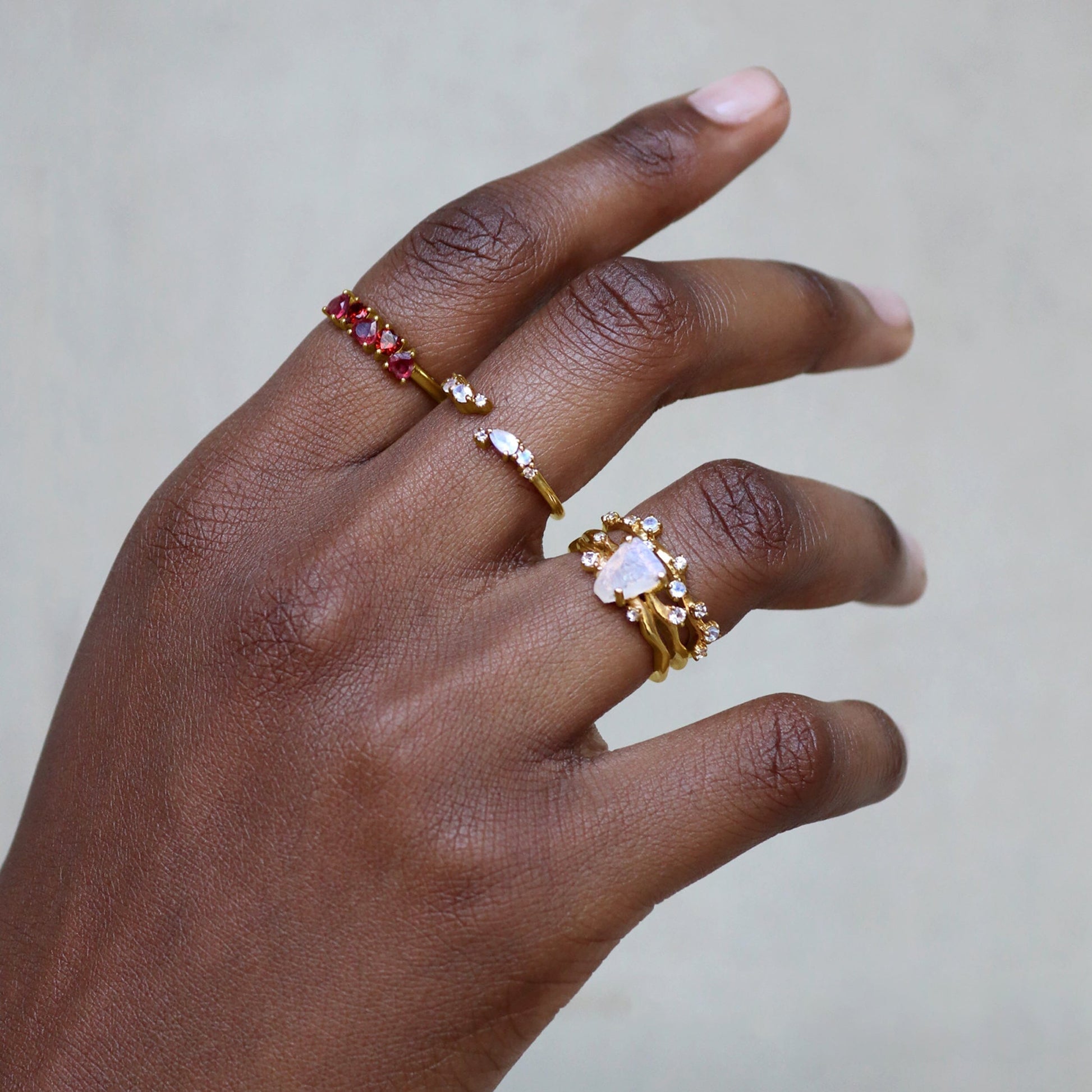 Moonstone Lab Diamond Flow Stardust Rings - yellow gold on hand alt