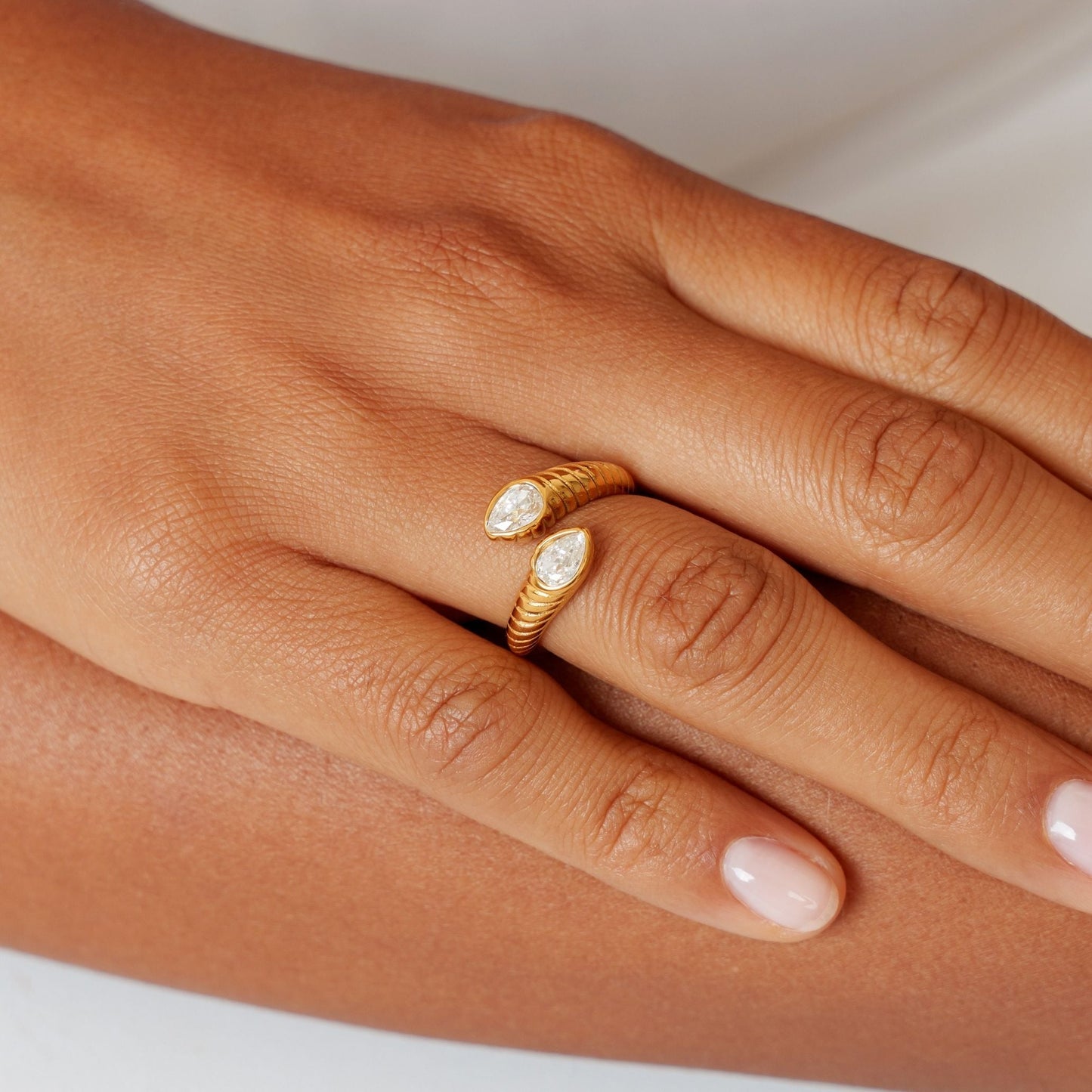 Naya Ring - top view on hand