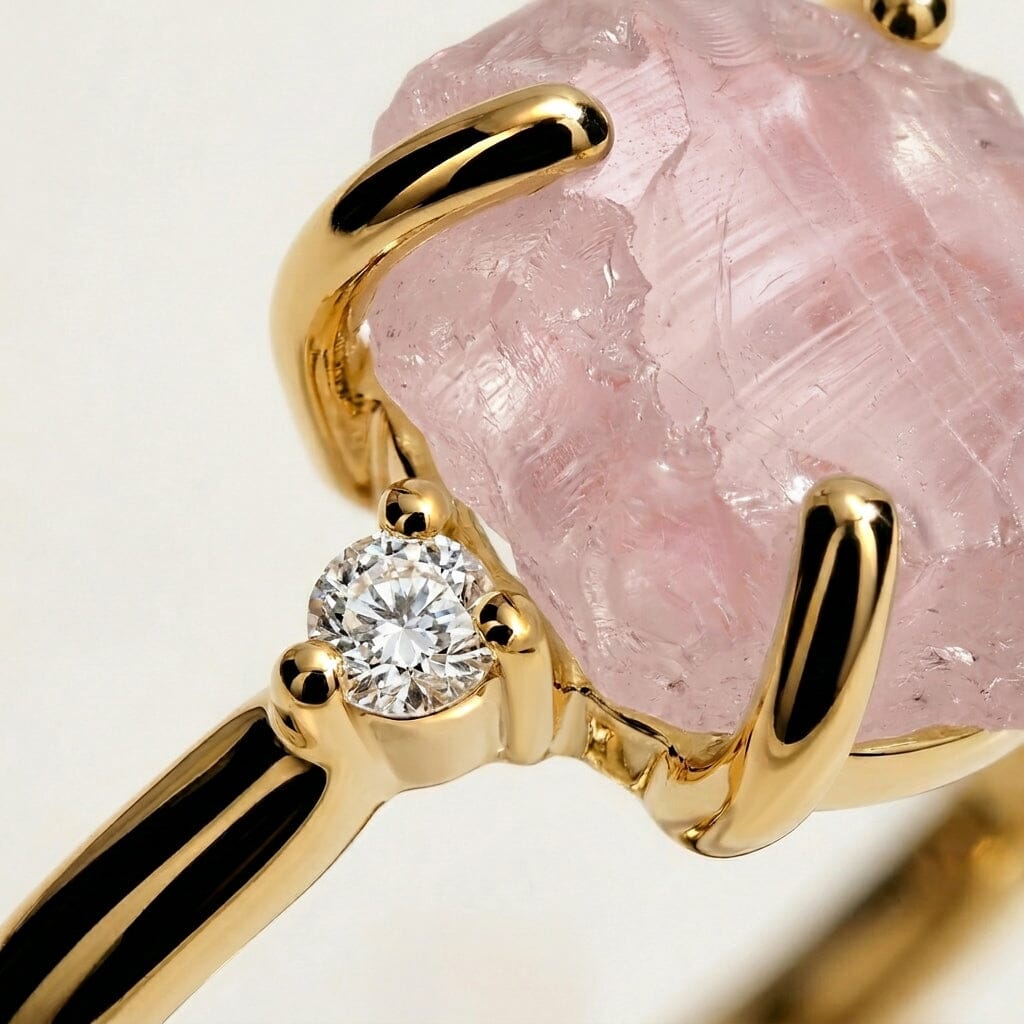 Rose Quartz Lab Diamond Ring - Raw Allure - yellow gold macro
