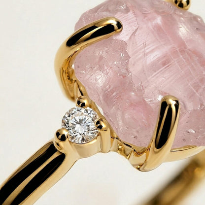 Rose Quartz Lab Diamond Ring - Raw Allure - yellow gold macro