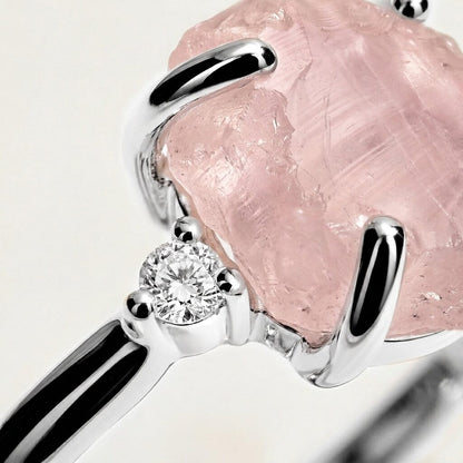 Rose Quartz Lab Diamond Ring - Raw Allure - white gold macro