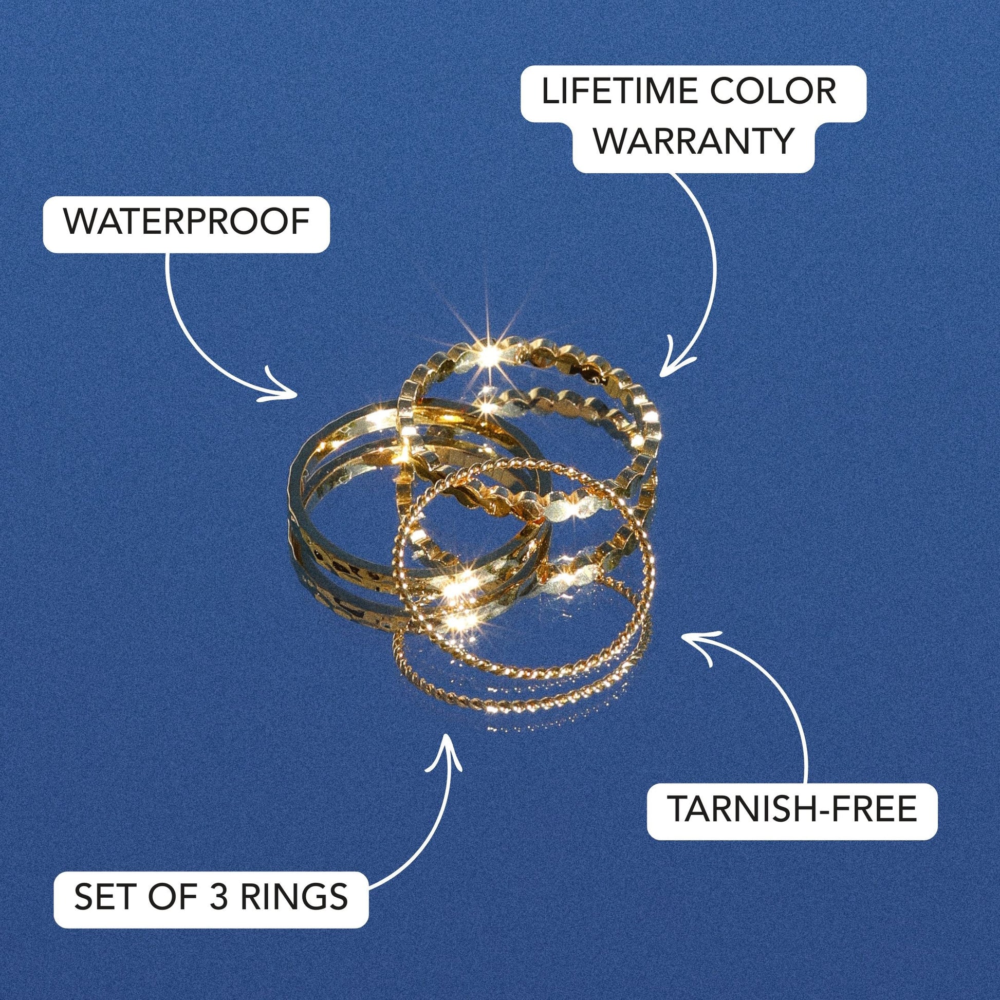 Daily Rings Set features waterproof tarnish-free set of 3