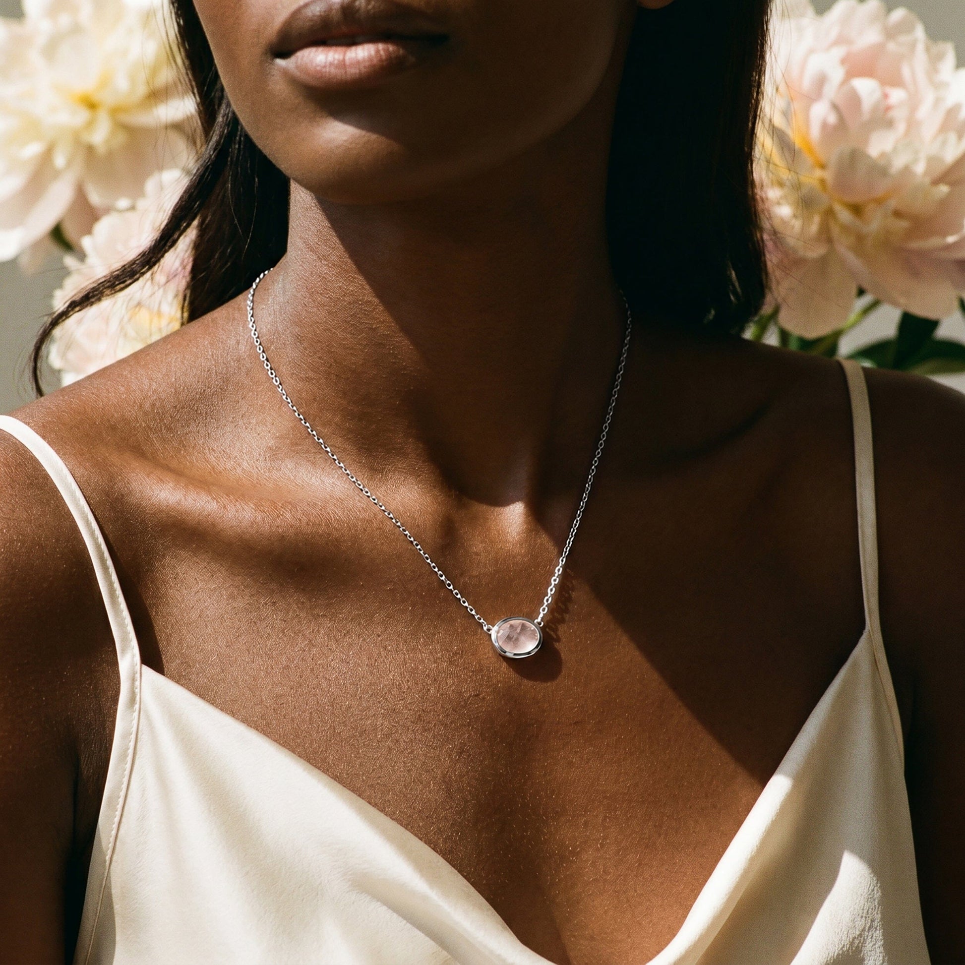 Rose Quartz Necklace - Skin-Touch, silver on body