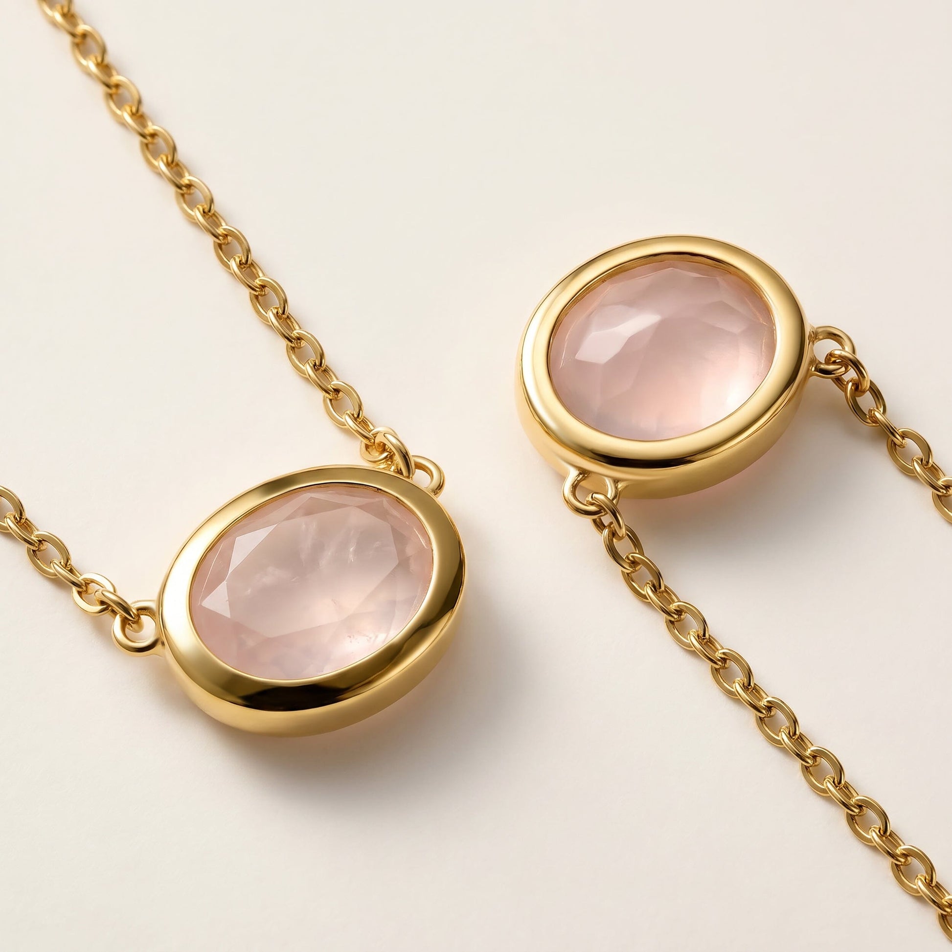 Rose Quartz Necklace - Skin-Touch, yellow gold detail