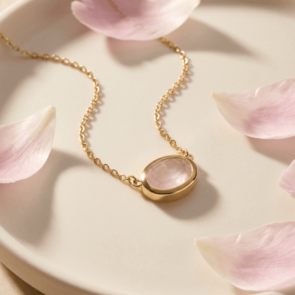 Rose Quartz Necklace - Skin-Touch, yellow gold flatlay