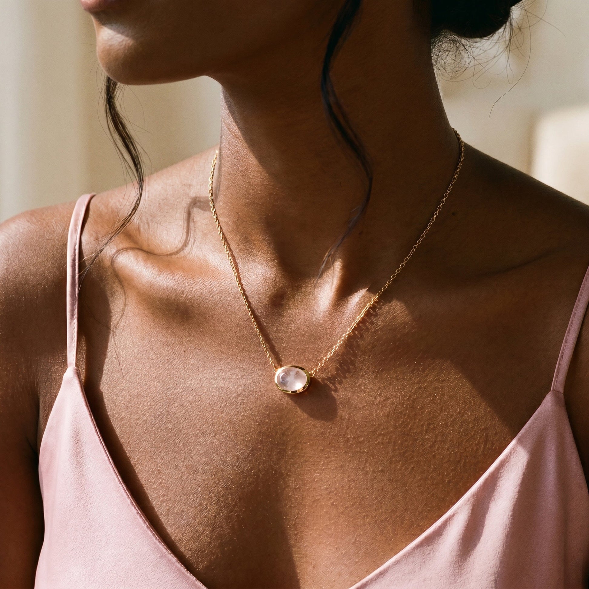 Rose Quartz Necklace - Skin-Touch, yellow gold on body