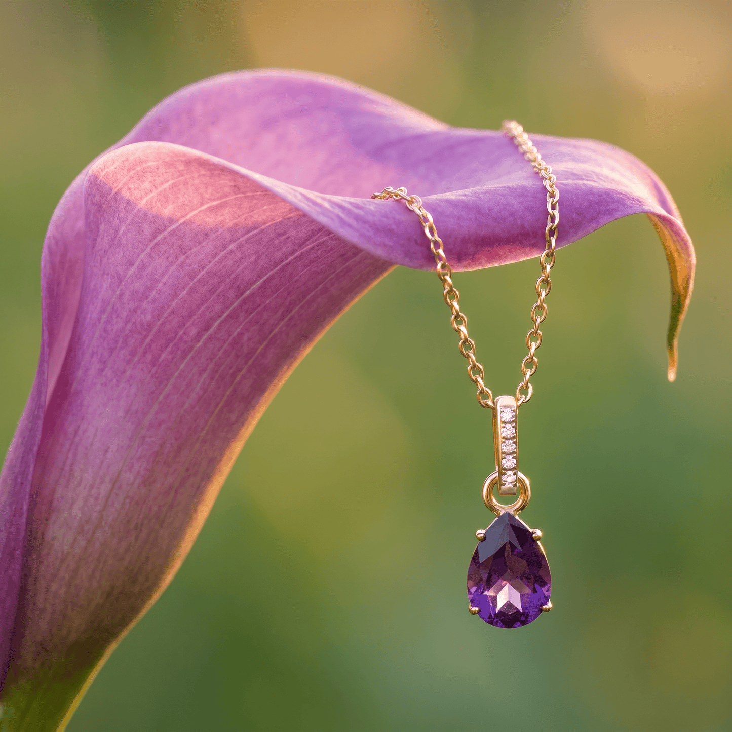 Amethyst Necklace Sway yellow gold on flower